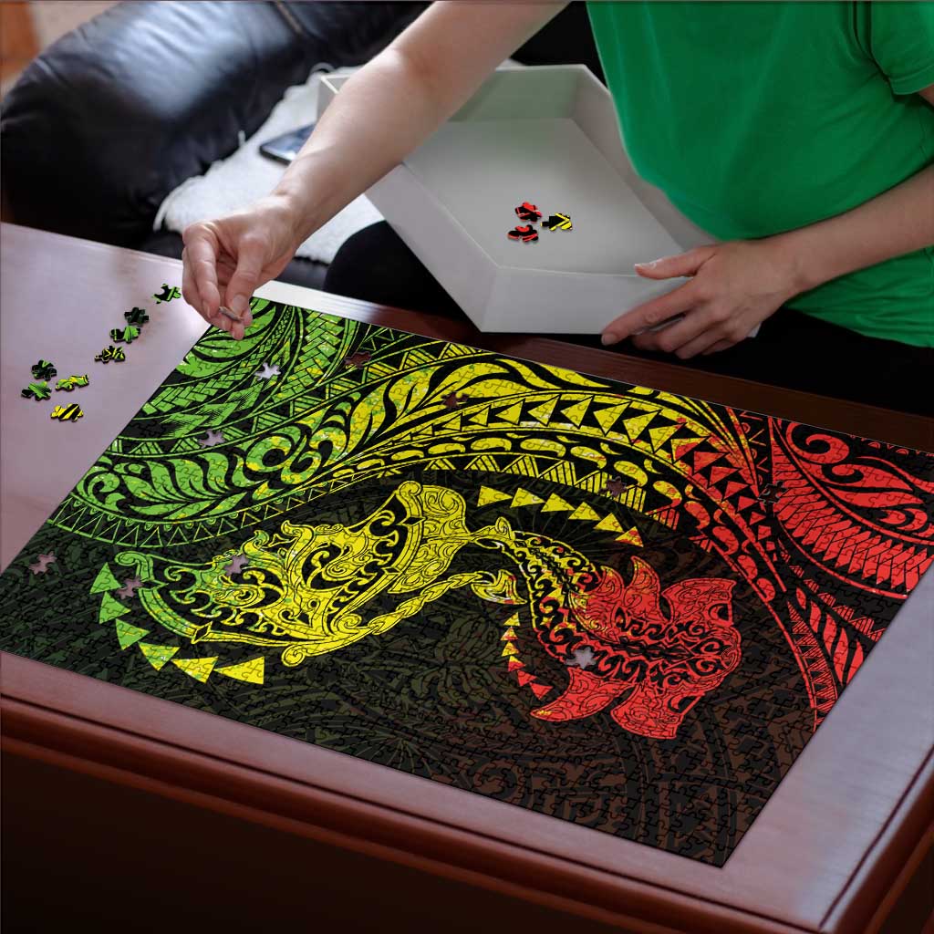 Hawaiian Manta Ray and Hammerhead Shark Tribal Tattoo Puzzle with Polynesian Tribal Pattern Reggae Style