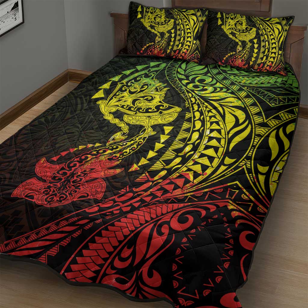 Hawaiian Manta Ray and Hammerhead Shark Tribal Tattoo Quilt Bed Set with Polynesian Tribal Pattern Reggae Style