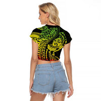 Hawaiian Manta Ray and Hammerhead Shark Tribal Tattoo Raglan Cropped T Shirt with Polynesian Tribal Pattern Reggae Style LT03 - Polynesian Pride