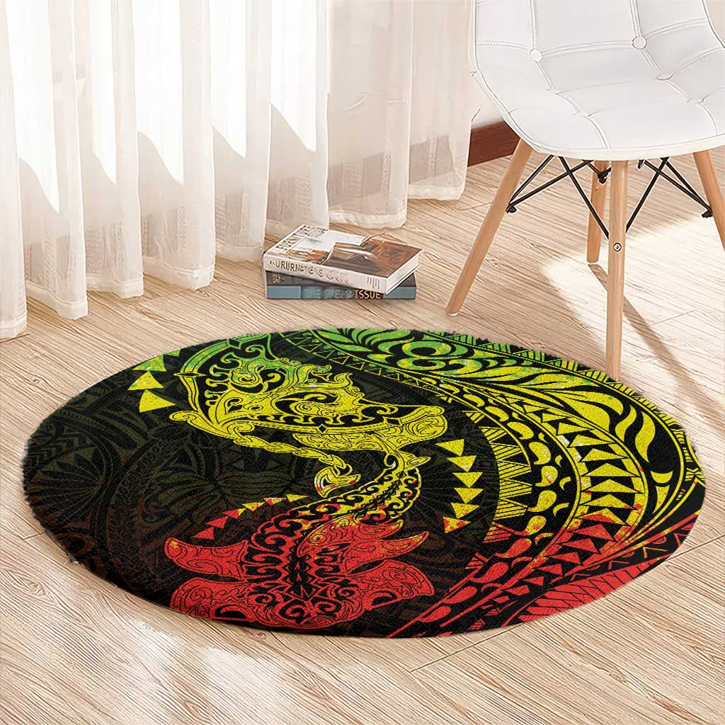 Hawaiian Manta Ray and Hammerhead Shark Tribal Tattoo Round Carpet with Polynesian Tribal Pattern Reggae Style