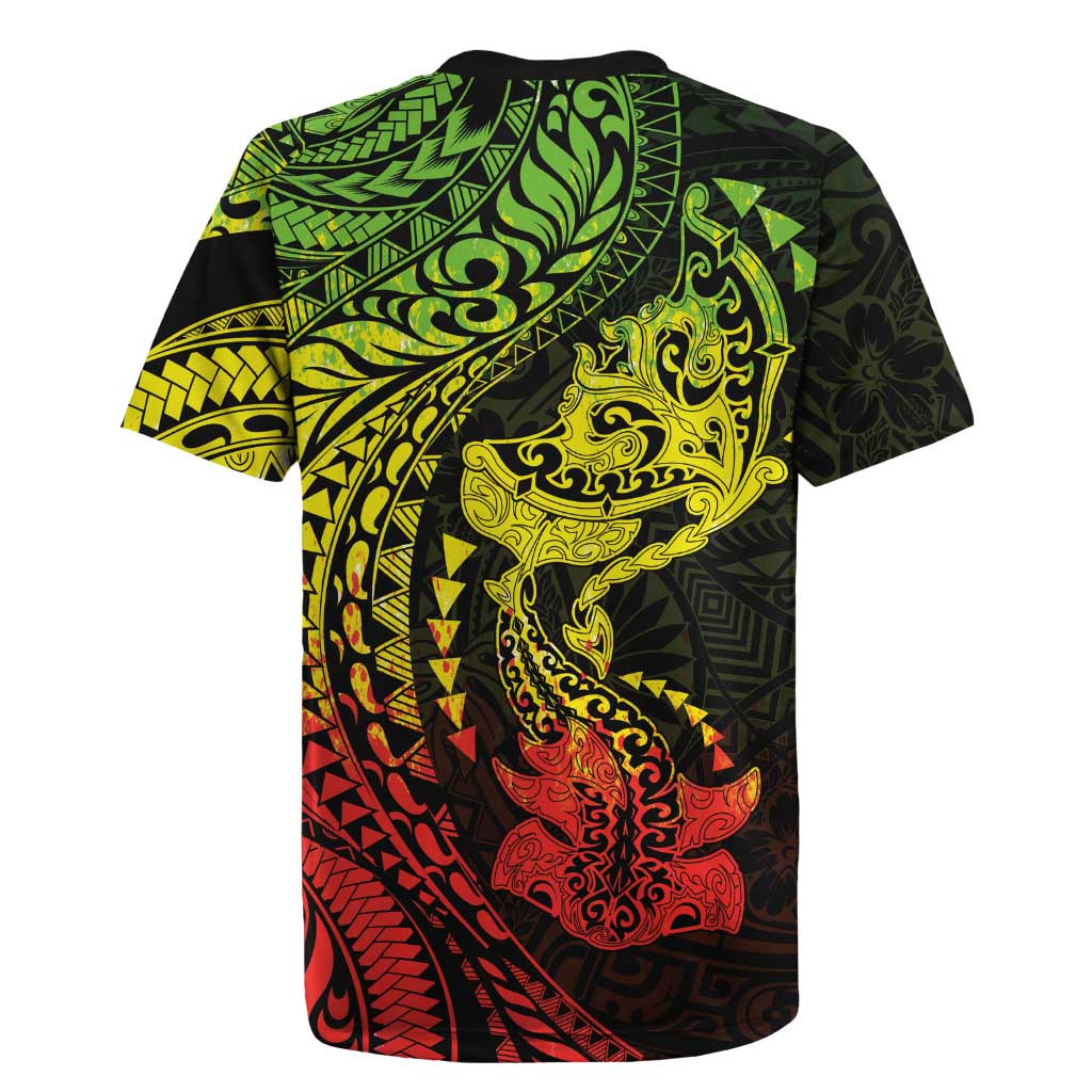 Hawaiian Manta Ray and Hammerhead Shark Tribal Tattoo Rugby Jersey with Polynesian Tribal Pattern Reggae Style