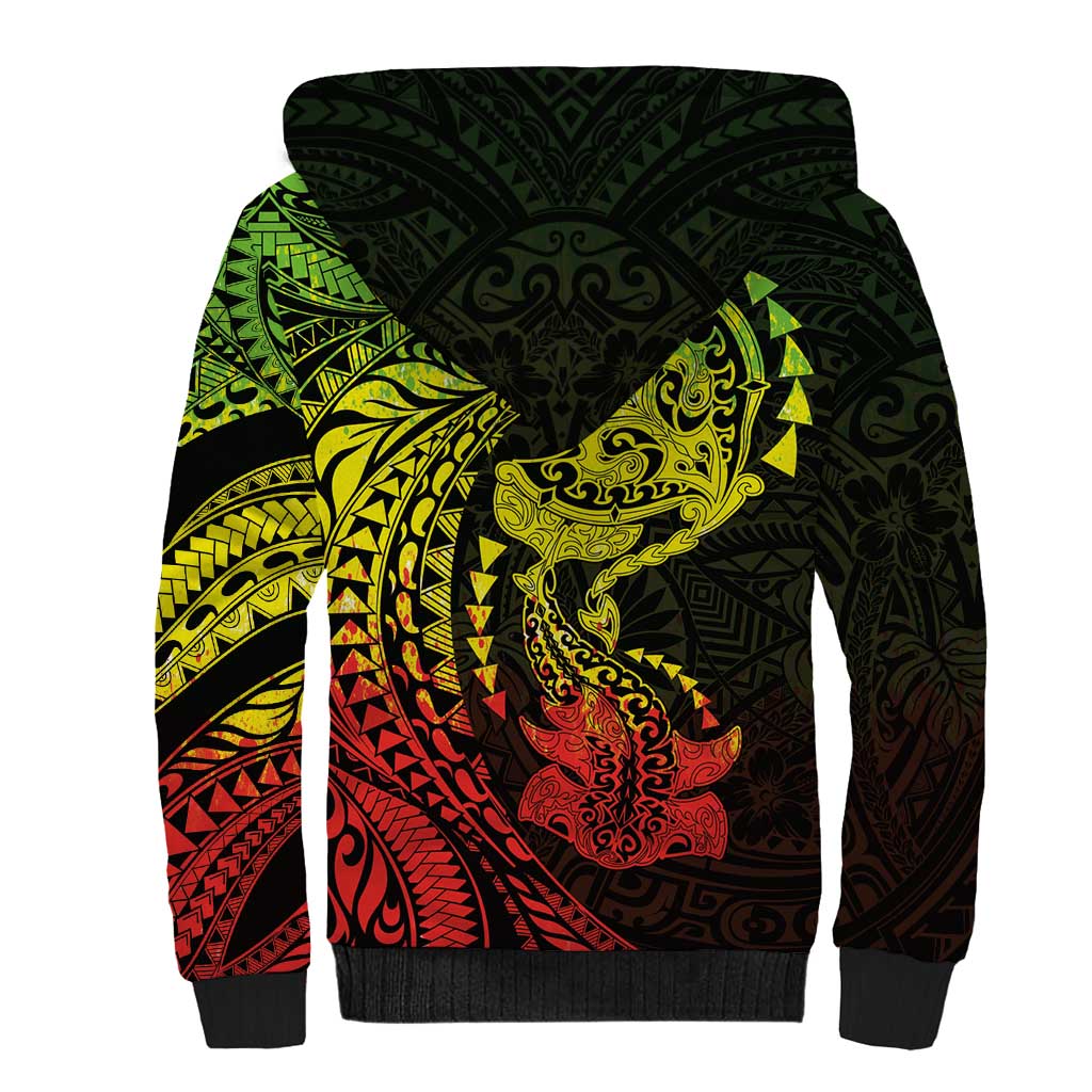 Hawaiian Manta Ray and Hammerhead Shark Tribal Tattoo Sherpa Hoodie with Polynesian Tribal Pattern Reggae Style LT03 - Polynesian Pride
