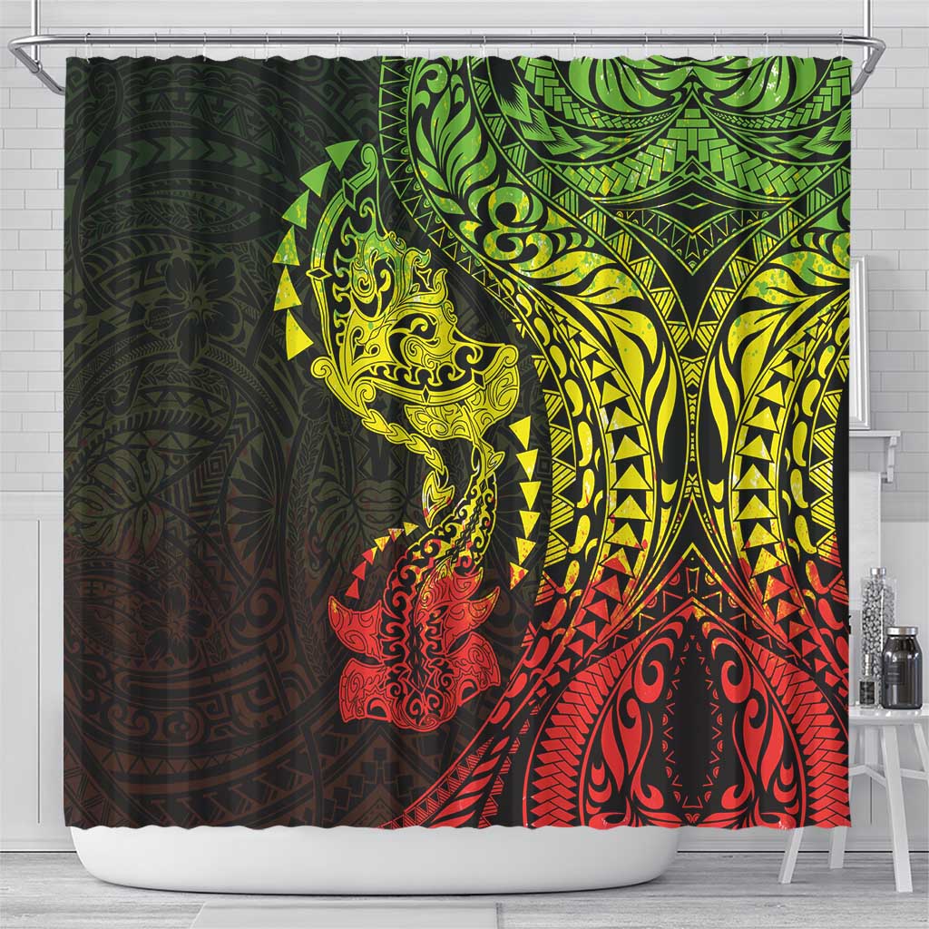 Hawaiian Manta Ray and Hammerhead Shark Tribal Tattoo Shower Curtain with Polynesian Tribal Pattern Reggae Style