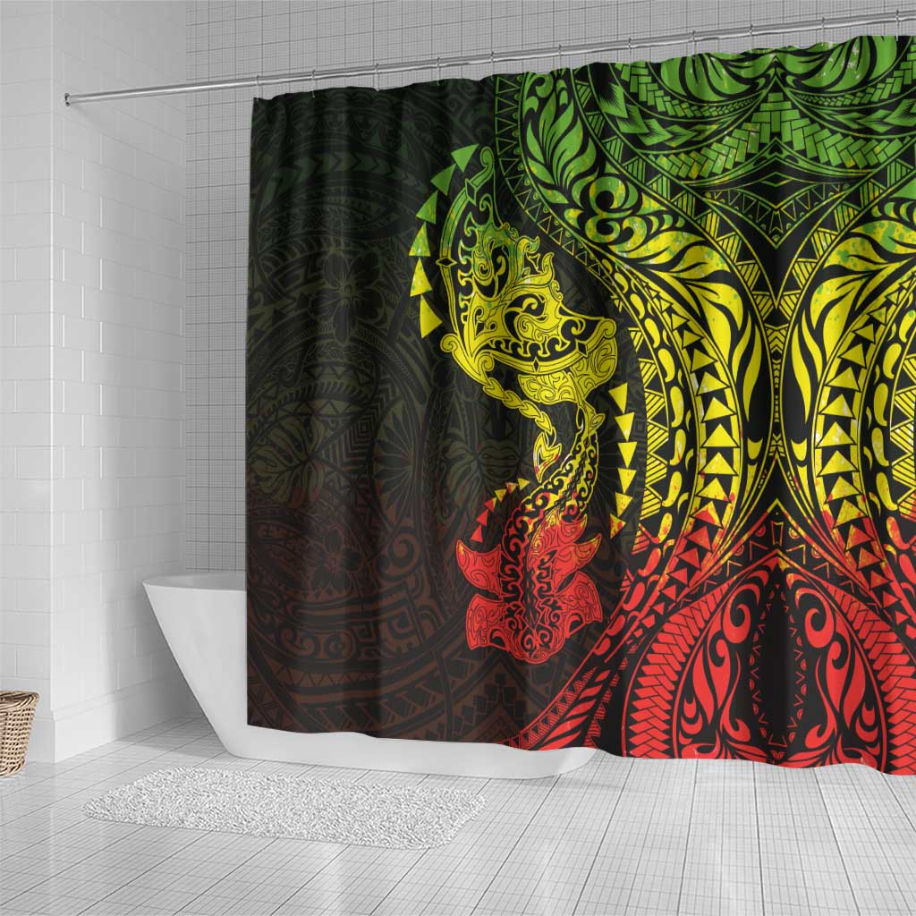 Hawaiian Manta Ray and Hammerhead Shark Tribal Tattoo Shower Curtain with Polynesian Tribal Pattern Reggae Style