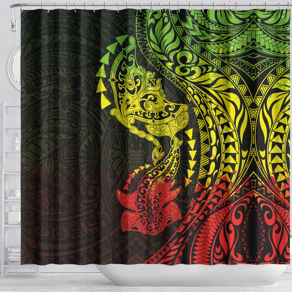 Hawaiian Manta Ray and Hammerhead Shark Tribal Tattoo Shower Curtain with Polynesian Tribal Pattern Reggae Style
