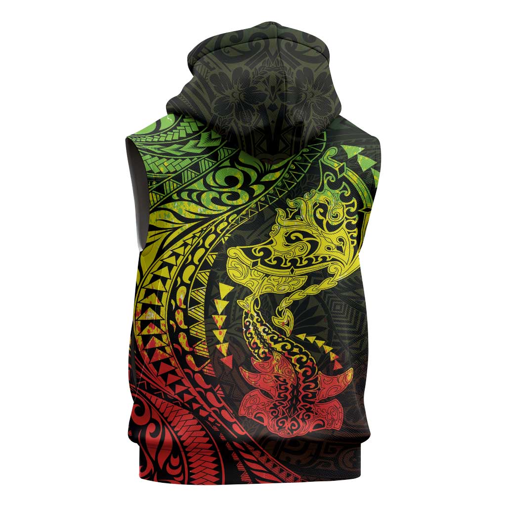 Hawaiian Manta Ray and Hammerhead Shark Tribal Tattoo Sleeveless Zip Hoodie with Polynesian Tribal Pattern Reggae Style LT03 - Polynesian Pride