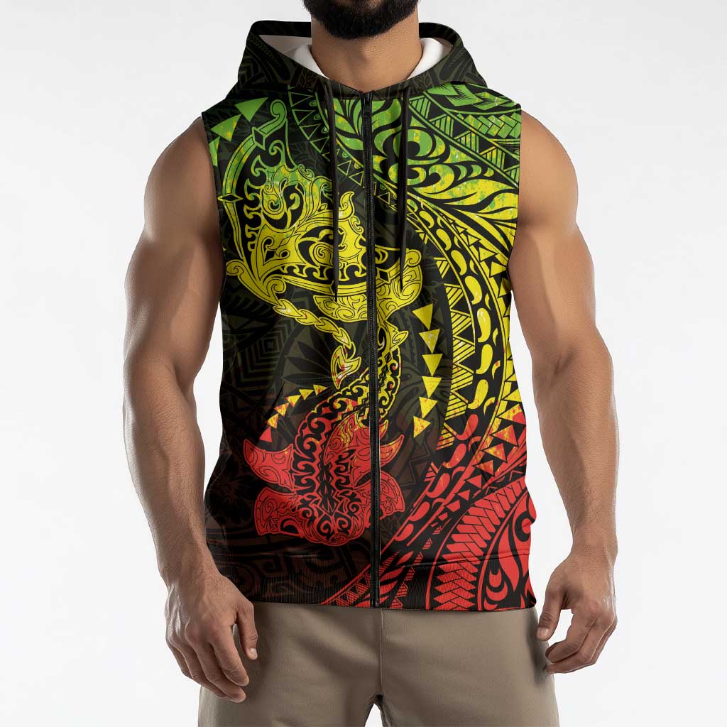 Hawaiian Manta Ray and Hammerhead Shark Tribal Tattoo Sleeveless Zip Hoodie with Polynesian Tribal Pattern Reggae Style LT03 - Polynesian Pride