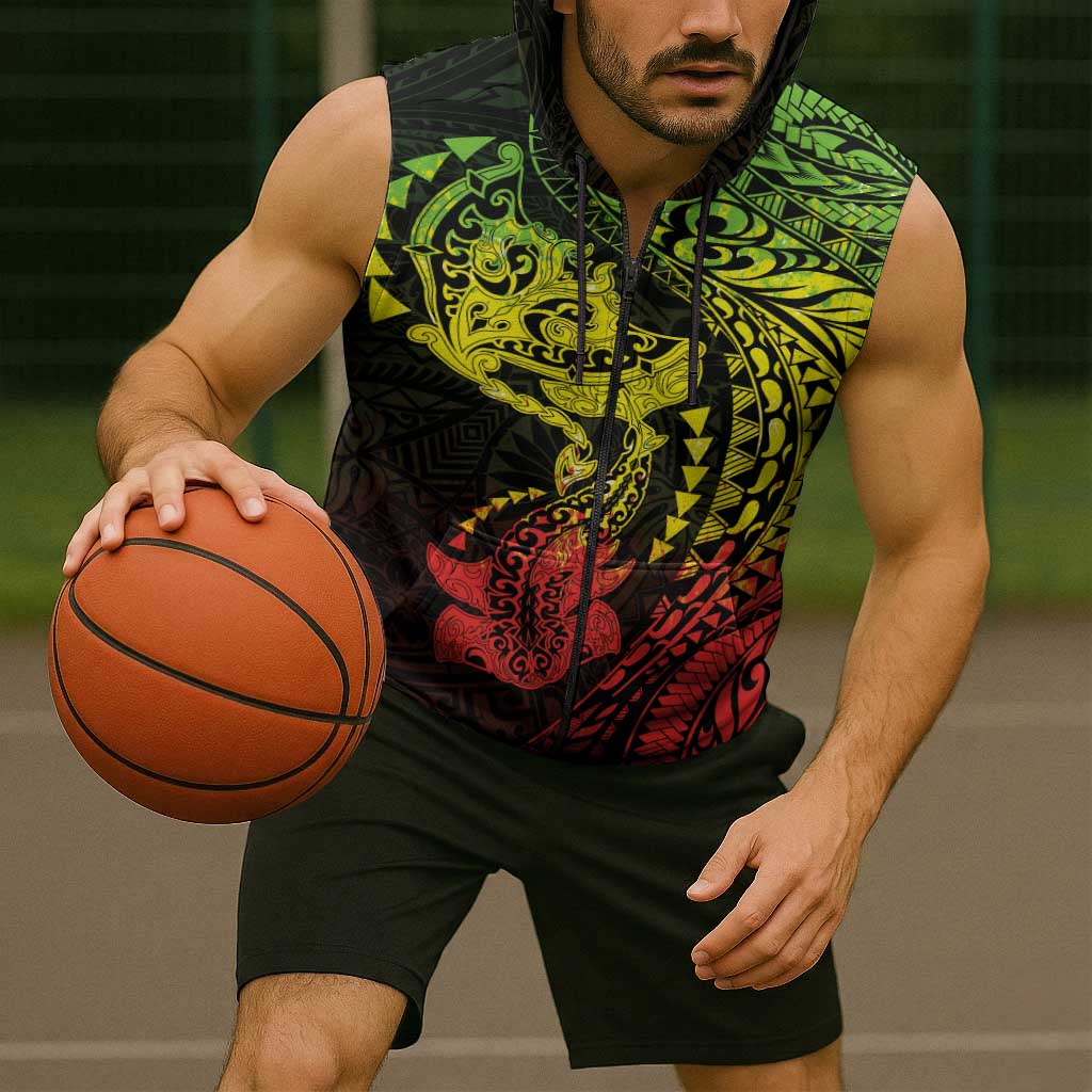Hawaiian Manta Ray and Hammerhead Shark Tribal Tattoo Sleeveless Zip Hoodie with Polynesian Tribal Pattern Reggae Style LT03 - Polynesian Pride