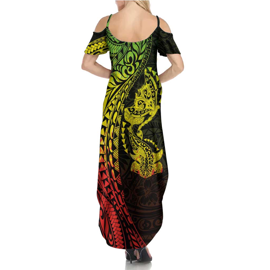 Hawaiian Manta Ray and Hammerhead Shark Tribal Tattoo Summer Maxi Dress with Polynesian Tribal Pattern Reggae Style LT03 - Polynesian Pride