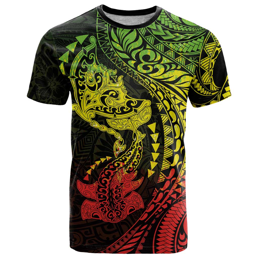 Hawaiian Manta Ray and Hammerhead Shark Tribal Tattoo T Shirt with Polynesian Tribal Pattern Reggae Style