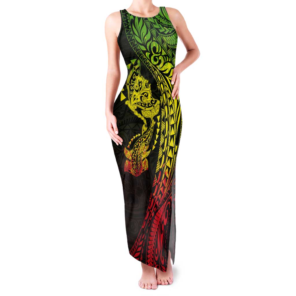 Hawaiian Manta Ray and Hammerhead Shark Tribal Tattoo Tank Maxi Dress with Polynesian Tribal Pattern Reggae Style