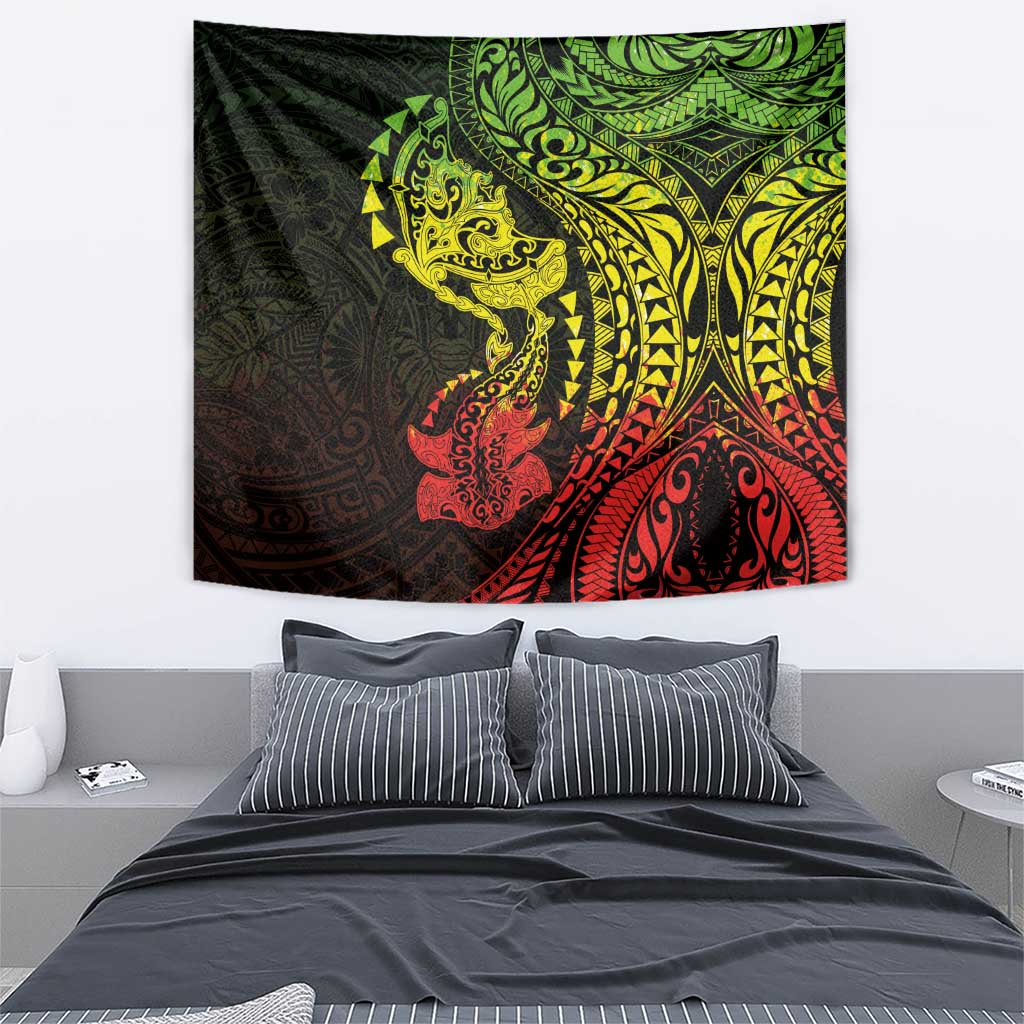 Hawaiian Manta Ray and Hammerhead Shark Tribal Tattoo Tapestry with Polynesian Tribal Pattern Reggae Style