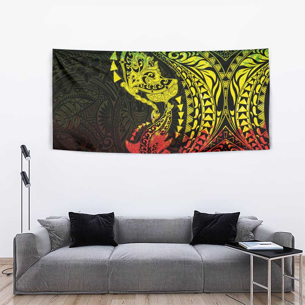 Hawaiian Manta Ray and Hammerhead Shark Tribal Tattoo Tapestry with Polynesian Tribal Pattern Reggae Style