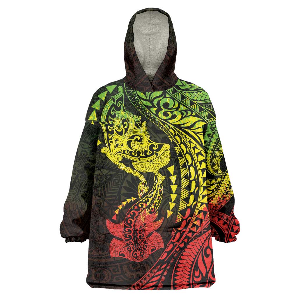 Hawaiian Manta Ray and Hammerhead Shark Tribal Tattoo Wearable Blanket Hoodie with Polynesian Tribal Pattern Reggae Style LT03 One Size Multicolor - Polynesian Pride