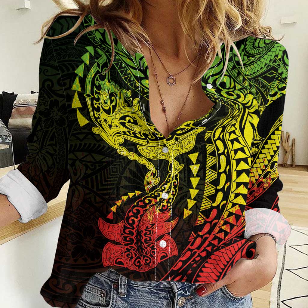 Hawaiian Manta Ray and Hammerhead Shark Tribal Tattoo Women Casual Shirt with Polynesian Tribal Pattern Reggae Style LT03 Female Multicolor - Polynesian Pride