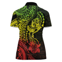 Hawaiian Manta Ray and Hammerhead Shark Tribal Tattoo Women Polo Shirt with Polynesian Tribal Pattern Reggae Style LT03 - Polynesian Pride