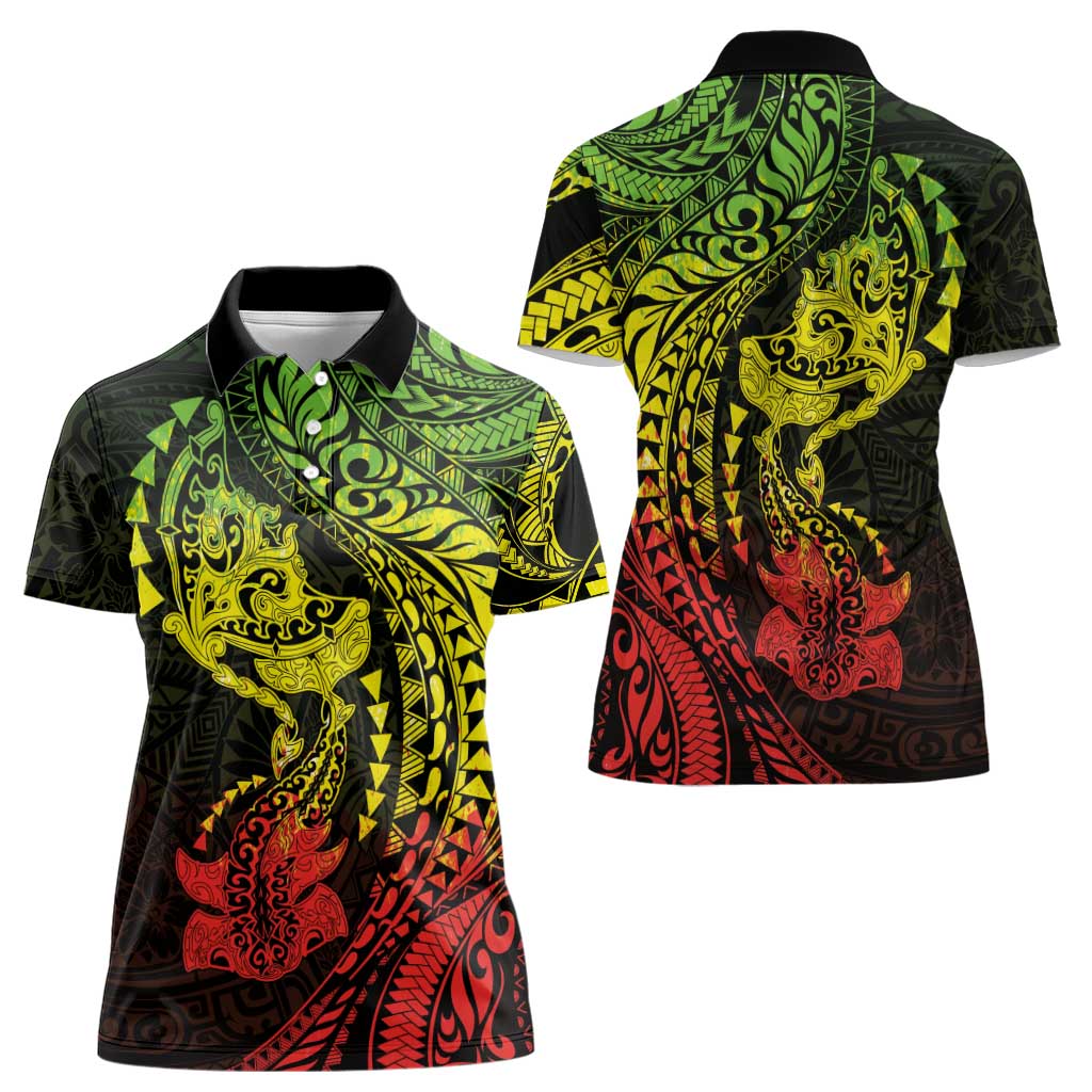 Hawaiian Manta Ray and Hammerhead Shark Tribal Tattoo Women Polo Shirt with Polynesian Tribal Pattern Reggae Style LT03 - Polynesian Pride