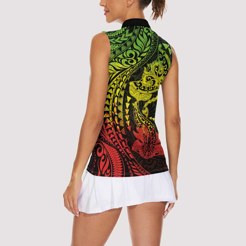 Hawaiian Manta Ray and Hammerhead Shark Tribal Tattoo Women Sleeveless Polo Shirt with Polynesian Tribal Pattern Reggae Style LT03 - Polynesian Pride