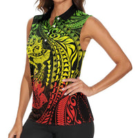 Hawaiian Manta Ray and Hammerhead Shark Tribal Tattoo Women Sleeveless Polo Shirt with Polynesian Tribal Pattern Reggae Style LT03 - Polynesian Pride