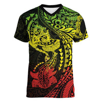 Hawaiian Manta Ray and Hammerhead Shark Tribal Tattoo Women V-Neck T-Shirt with Polynesian Tribal Pattern Reggae Style LT03 Female Multicolor - Polynesian Pride