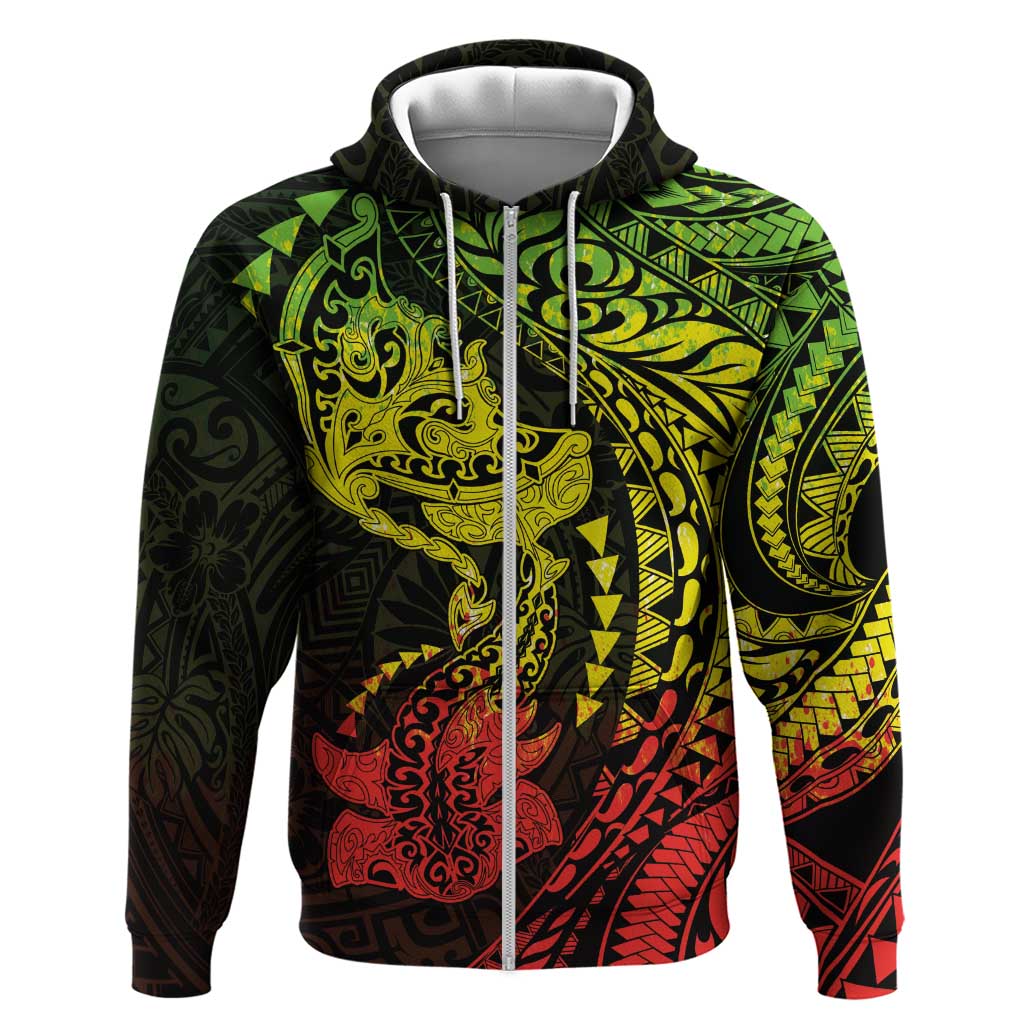 Hawaiian Manta Ray and Hammerhead Shark Tribal Tattoo Zip Hoodie with Polynesian Tribal Pattern Reggae Style