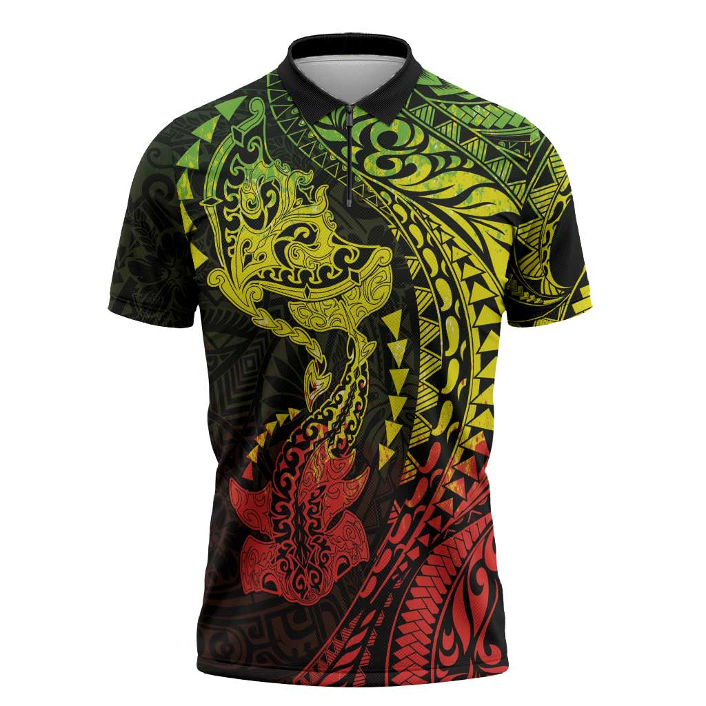 Hawaiian Manta Ray and Hammerhead Shark Tribal Tattoo Zipper Polo Shirt with Polynesian Tribal Pattern Reggae Style LT03 Multicolor - Polynesian Pride
