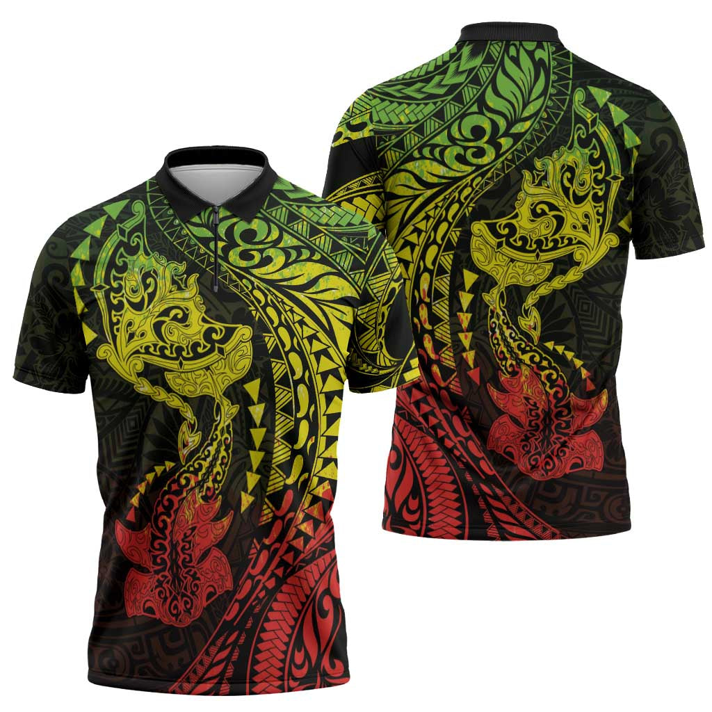 Hawaiian Manta Ray and Hammerhead Shark Tribal Tattoo Zipper Polo Shirt with Polynesian Tribal Pattern Reggae Style LT03 - Polynesian Pride