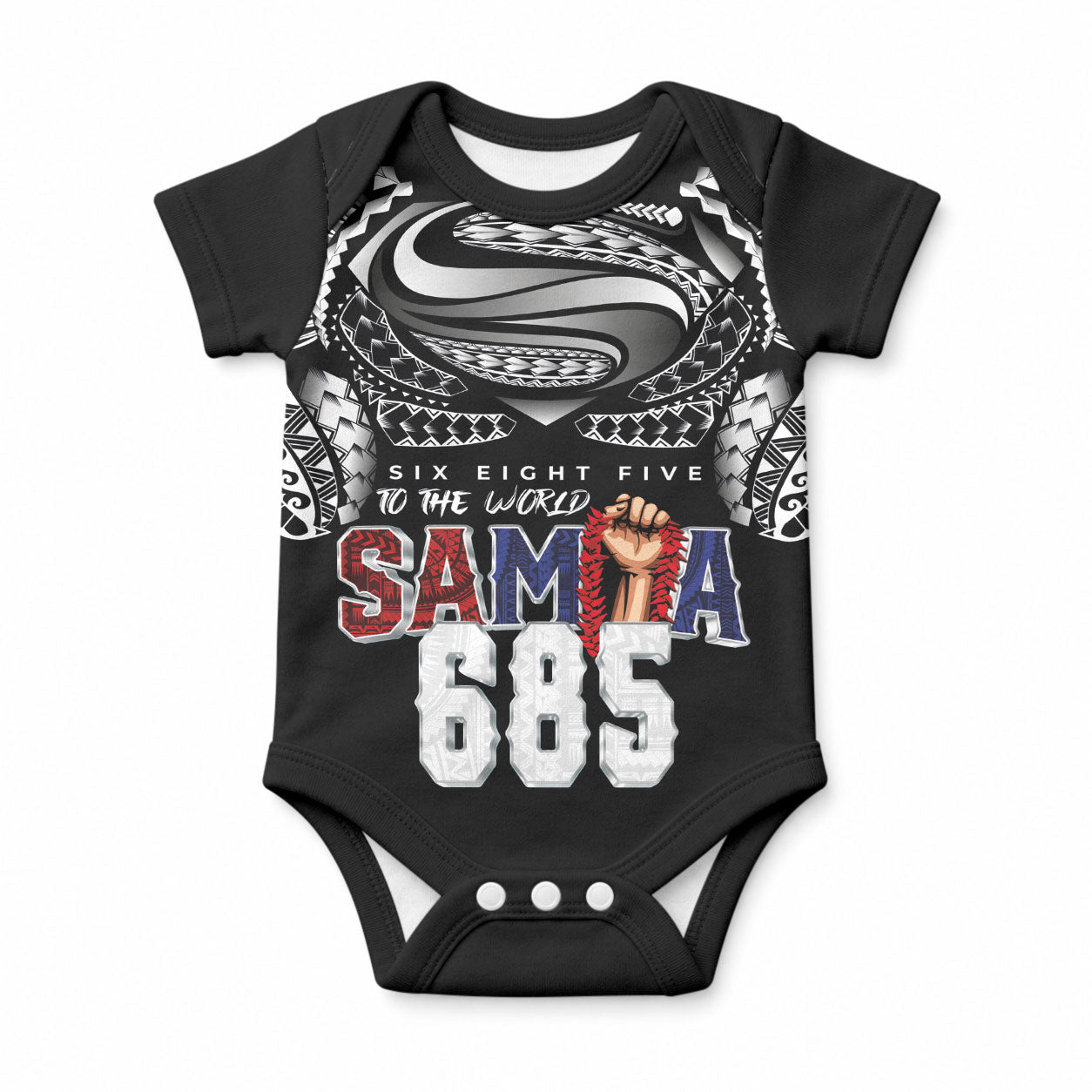 Super Samoa-Six Eight Five to The World Baby Onesie Traditional Samoan Tattoo Black Color