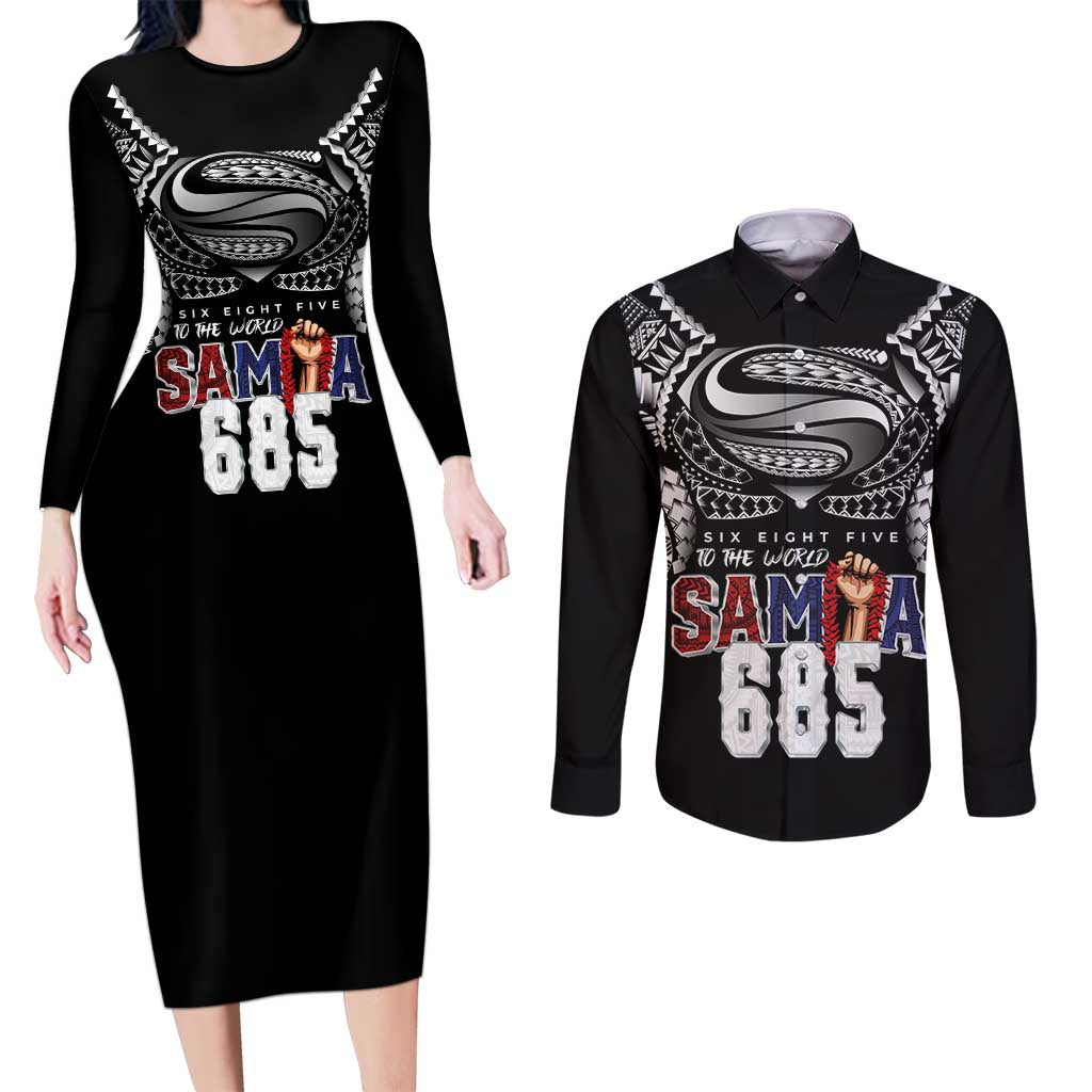 Super Samoa-Six Eight Five to The World Couples Matching Long Sleeve Bodycon Dress and Long Sleeve Button Shirt Traditional Samoan Tattoo Black Color LT03 Black - Polynesian Pride