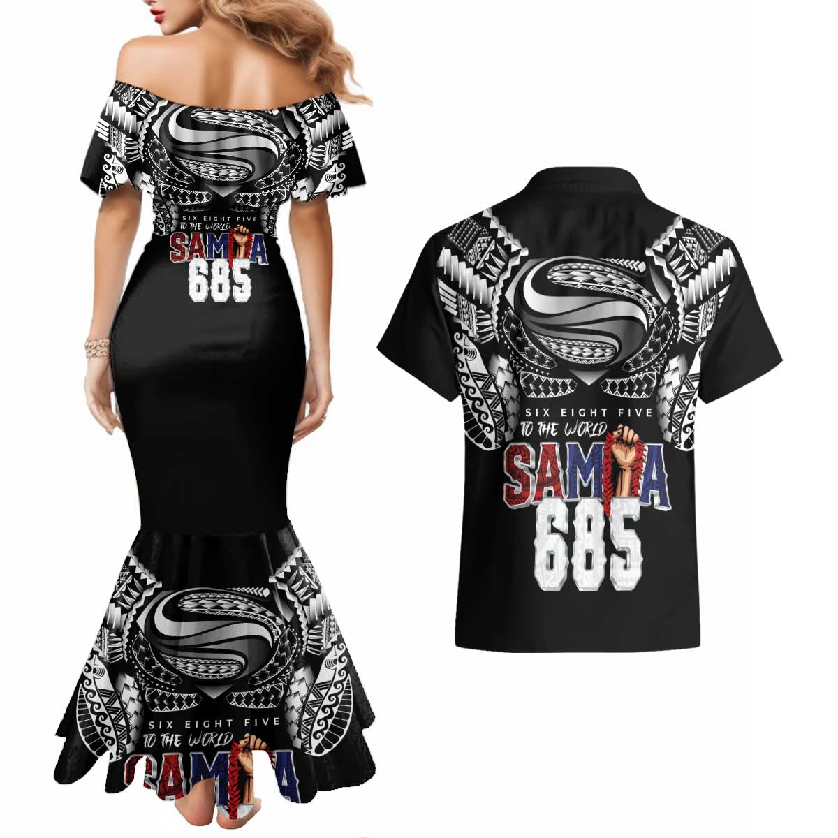 Super Samoa-Six Eight Five to The World Couples Matching Mermaid Dress and Hawaiian Shirt Traditional Samoan Tattoo Black Color LT03 - Polynesian Pride