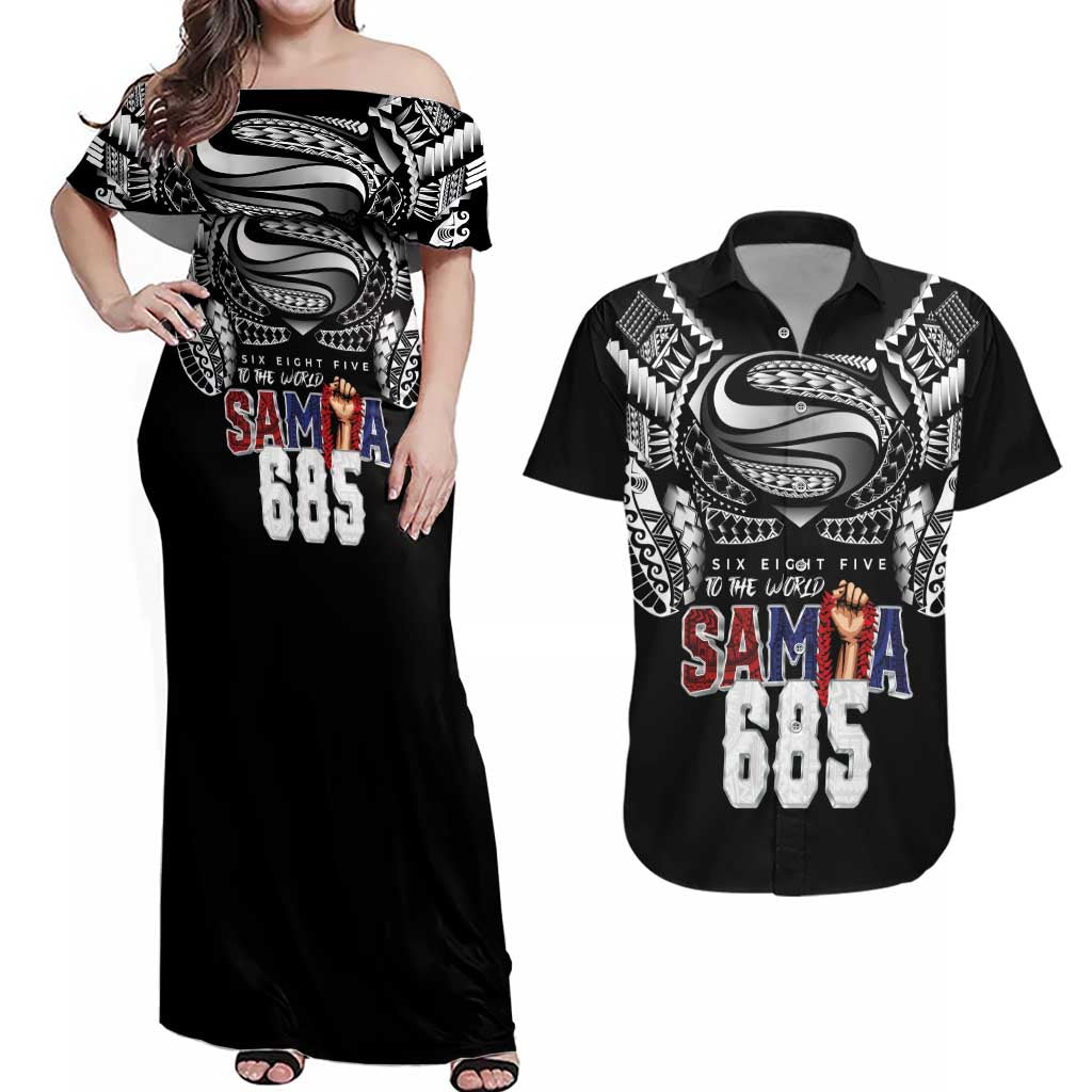 Super Samoa-Six Eight Five to The World Couples Matching Off Shoulder Maxi Dress and Hawaiian Shirt Traditional Samoan Tattoo Black Color LT03 Black - Polynesian Pride