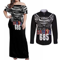 Super Samoa-Six Eight Five to The World Couples Matching Off Shoulder Maxi Dress and Long Sleeve Button Shirt Traditional Samoan Tattoo Black Color LT03 Black - Polynesian Pride