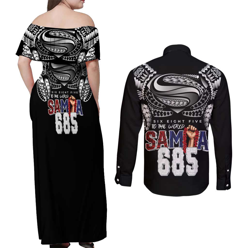 Super Samoa-Six Eight Five to The World Couples Matching Off Shoulder Maxi Dress and Long Sleeve Button Shirt Traditional Samoan Tattoo Black Color LT03 - Polynesian Pride
