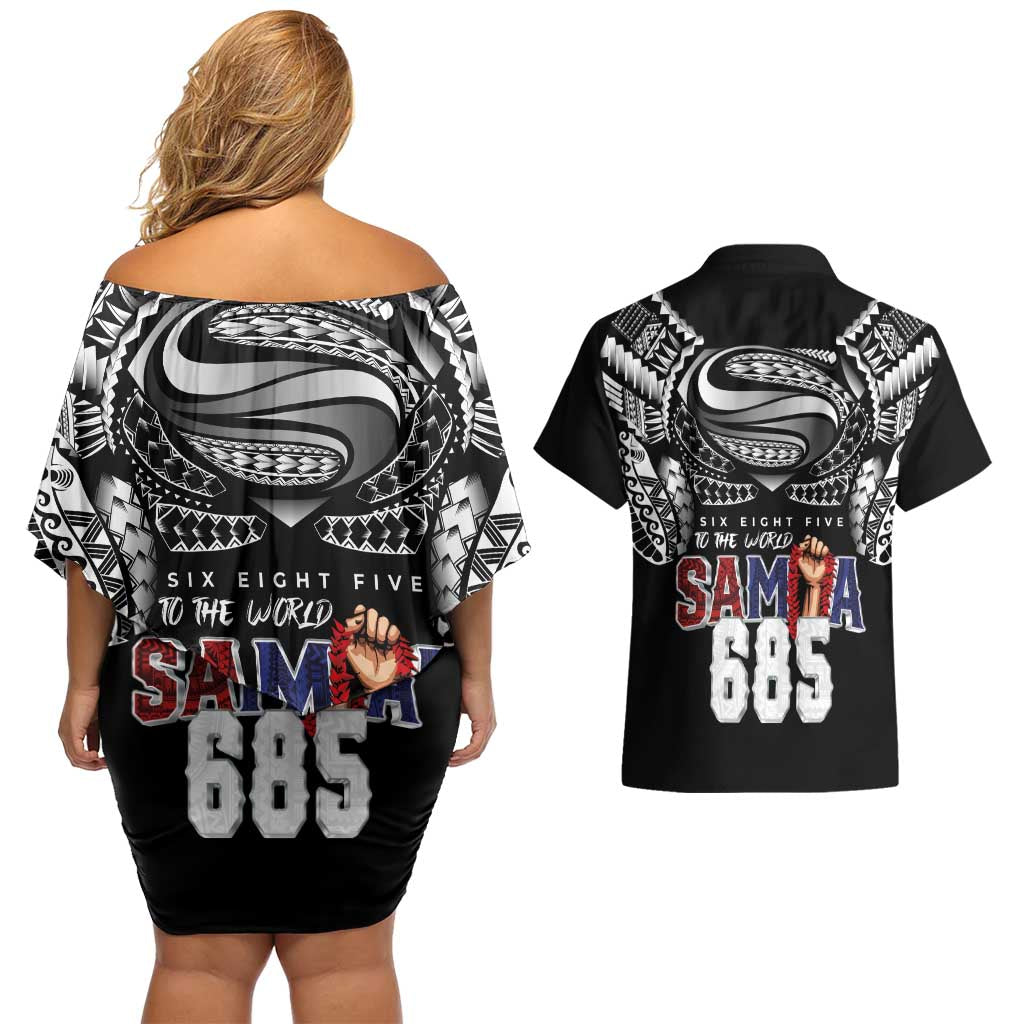 Super Samoa-Six Eight Five to The World Couples Matching Off Shoulder Short Dress and Hawaiian Shirt Traditional Samoan Tattoo Black Color LT03 - Polynesian Pride