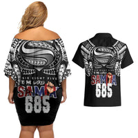 Super Samoa-Six Eight Five to The World Couples Matching Off Shoulder Short Dress and Hawaiian Shirt Traditional Samoan Tattoo Black Color LT03 - Polynesian Pride