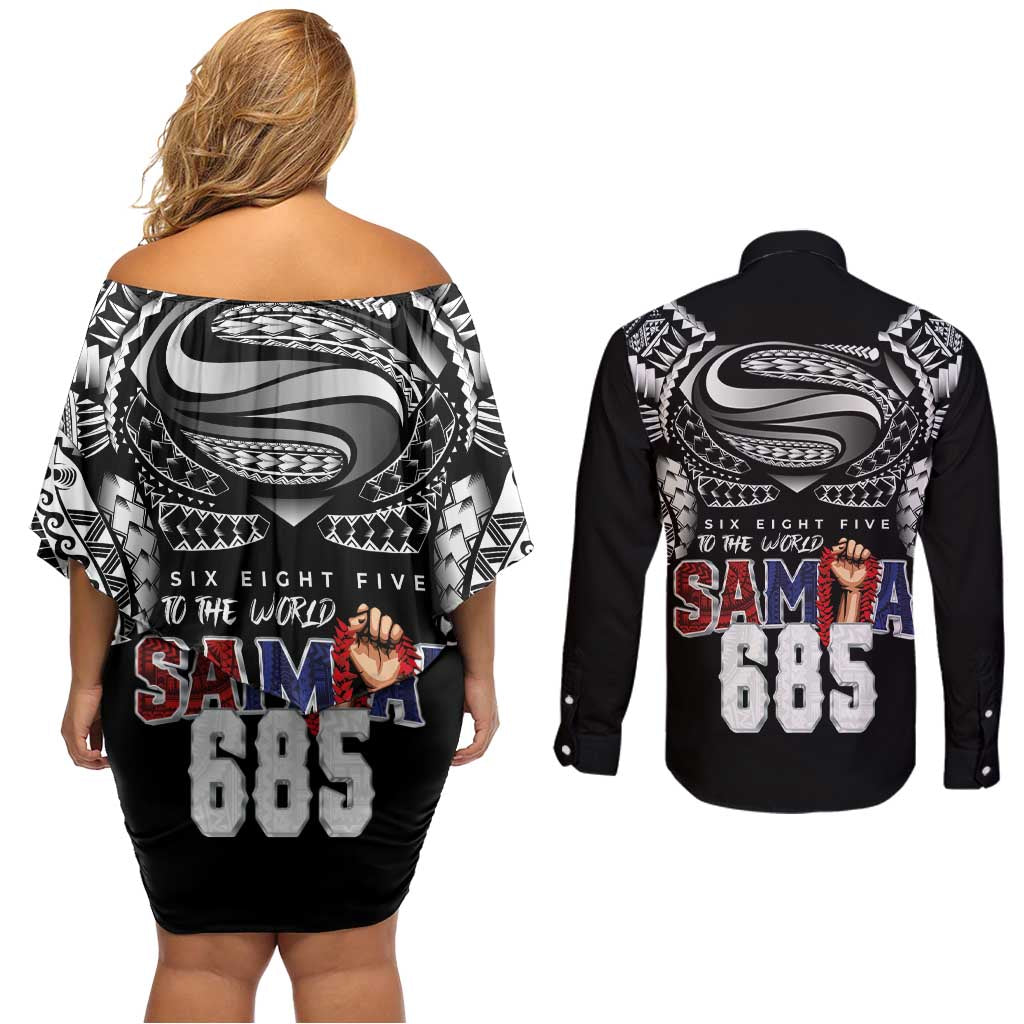 Super Samoa-Six Eight Five to The World Couples Matching Off Shoulder Short Dress and Long Sleeve Button Shirt Traditional Samoan Tattoo Black Color LT03 - Polynesian Pride