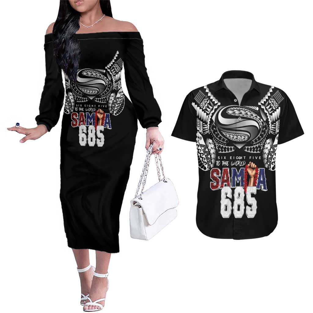 Super Samoa-Six Eight Five to The World Couples Matching Off The Shoulder Long Sleeve Dress and Hawaiian Shirt Traditional Samoan Tattoo Black Color LT03 Black - Polynesian Pride