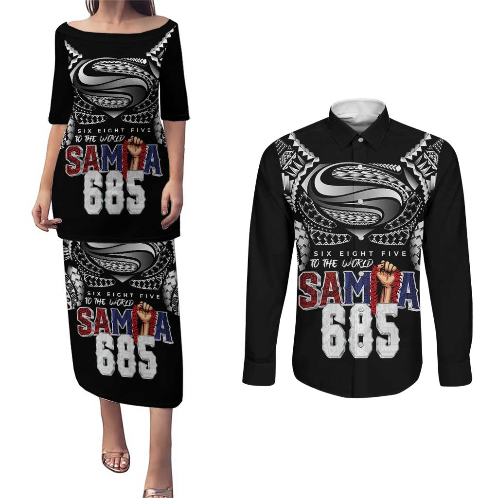 Super Samoa-Six Eight Five to The World Couples Matching Puletasi and Long Sleeve Button Shirt Traditional Samoan Tattoo Black Color LT03 Black - Polynesian Pride