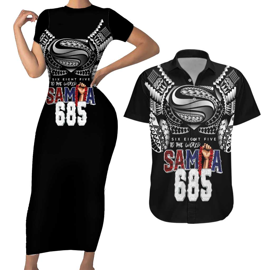 Super Samoa-Six Eight Five to The World Couples Matching Short Sleeve Bodycon Dress and Hawaiian Shirt Traditional Samoan Tattoo Black Color