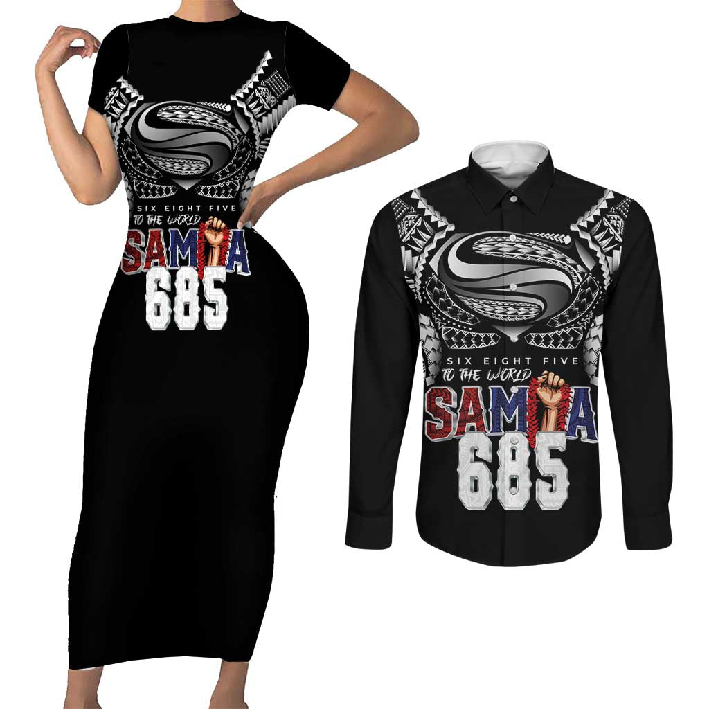 Super Samoa-Six Eight Five to The World Couples Matching Short Sleeve Bodycon Dress and Long Sleeve Button Shirt Traditional Samoan Tattoo Black Color LT03 Black - Polynesian Pride
