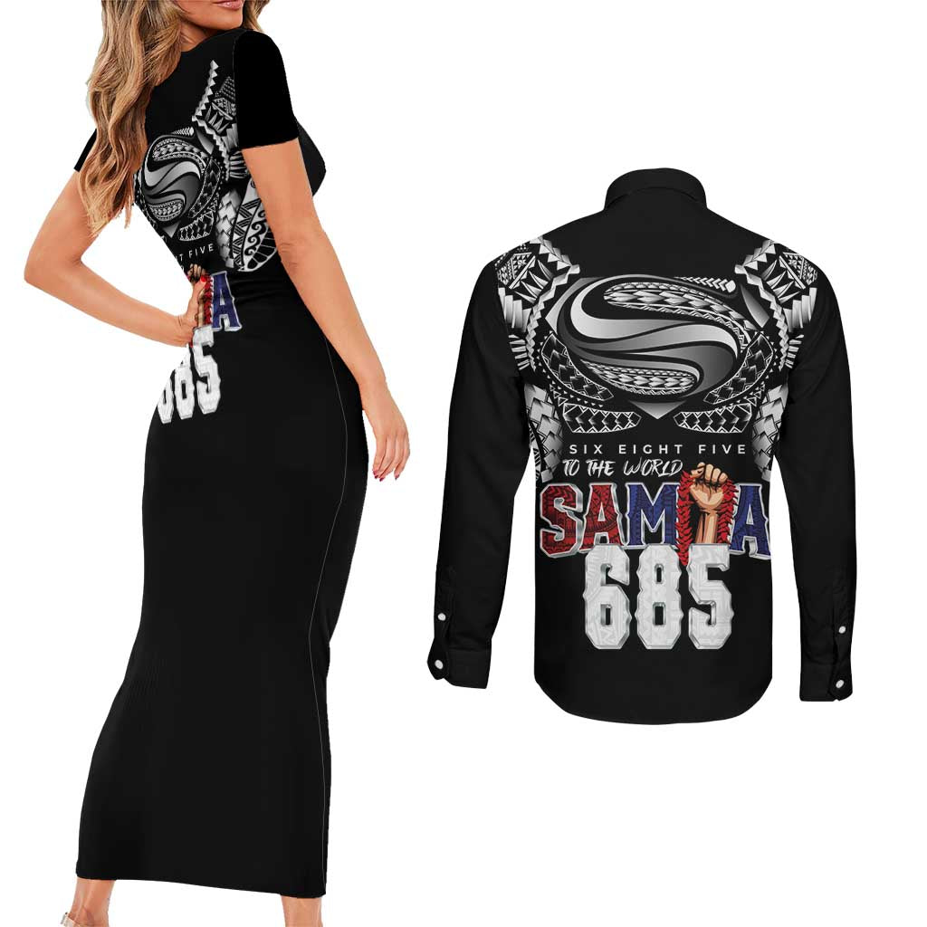 Super Samoa-Six Eight Five to The World Couples Matching Short Sleeve Bodycon Dress and Long Sleeve Button Shirt Traditional Samoan Tattoo Black Color LT03 - Polynesian Pride