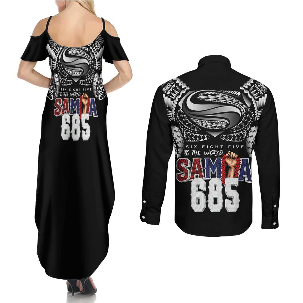 Super Samoa-Six Eight Five to The World Couples Matching Summer Maxi Dress and Long Sleeve Button Shirt Traditional Samoan Tattoo Black Color LT03 - Polynesian Pride