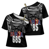 Super Samoa-Six Eight Five to The World Cross Shoulder Shirt Traditional Samoan Tattoo Black Color