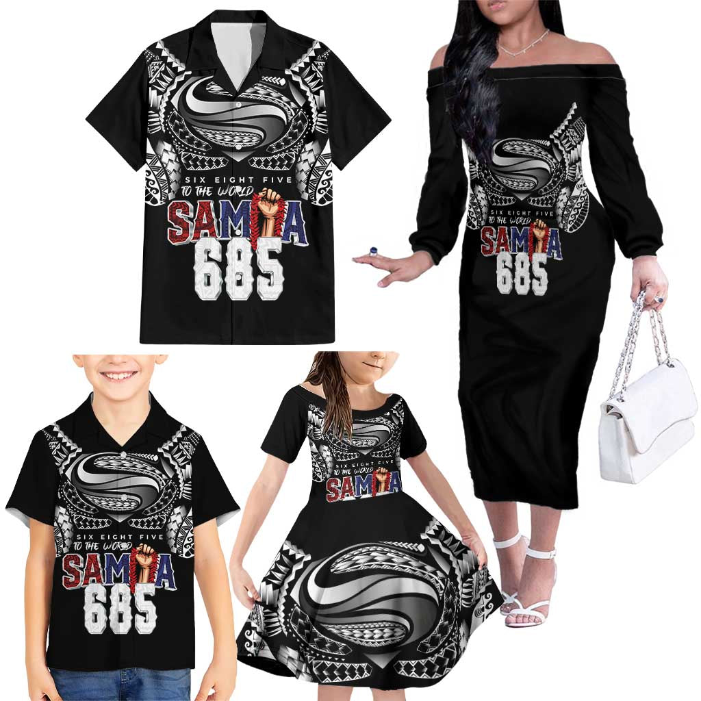 Super Samoa-Six Eight Five to The World Family Matching Off The Shoulder Long Sleeve Dress and Hawaiian Shirt Traditional Samoan Tattoo Black Color