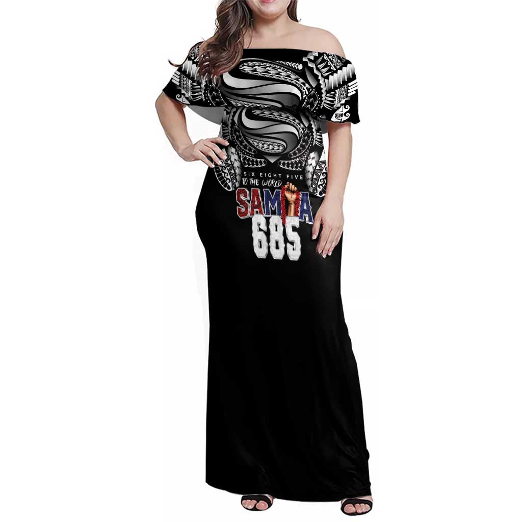 Super Samoa-Six Eight Five to The World Family Matching Off Shoulder Maxi Dress and Hawaiian Shirt Traditional Samoan Tattoo Black Color LT03 Mom's Dress Black - Polynesian Pride