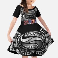 Super Samoa-Six Eight Five to The World Family Matching Short Sleeve Bodycon Dress and Hawaiian Shirt Traditional Samoan Tattoo Black Color LT03 Daughter's Dress Black - Polynesian Pride