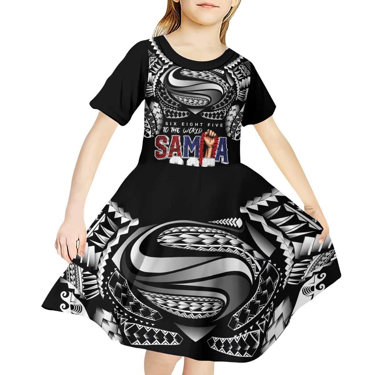Super Samoa-Six Eight Five to The World Kid Short Sleeve Dress Traditional Samoan Tattoo Black Color LT03 - Polynesian Pride