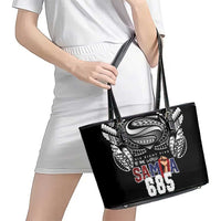 Super Samoa-Six Eight Five to The World Leather Tote Bag Traditional Samoan Tattoo Black Color