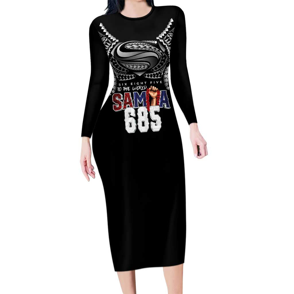 Super Samoa-Six Eight Five to The World Long Sleeve Bodycon Dress Traditional Samoan Tattoo Black Color LT03 Long Dress Black - Polynesian Pride