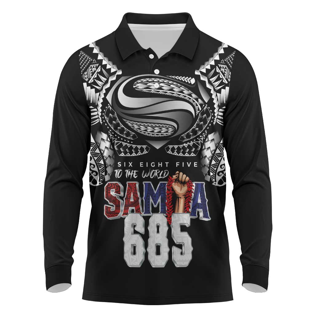 Super Samoa-Six Eight Five to The World Long Sleeve Polo Shirt Traditional Samoan Tattoo Black Color